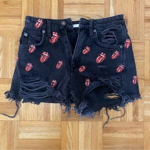 ZARA-distressed black Rolling Stones denim shorts
